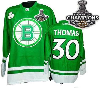 Cheap Boston Bruins 30 Tim Thomas Green St Patty's Day 2011 Stanley Cup Champions NHL Jersey For Sale