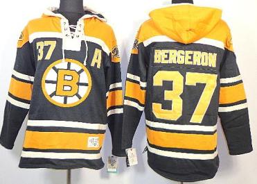 Cheap Boston Bruins 37 Patrice Bergeron Black Lace-Up NHL Jersey Hoodies For Sale