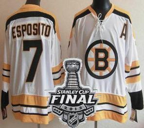 Cheap Boston Bruins 7 Phil Esposito White Throwback CCM NHL Jerseys With 2013 Stanley Cup Patch For Sale