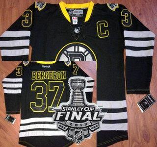 Cheap Boston Bruins 37 Patrice Bergeron Black Ice NHL Jerseys With 2013 Stanley Cup Patch For Sale