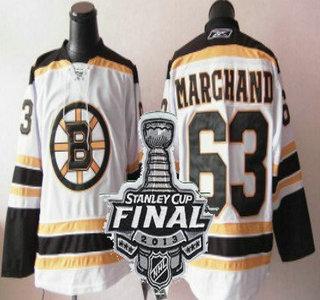 Cheap Boston Bruins 63 Brad Marchand White NHL Jerseys With 2013 Stanley Cup Patch For Sale