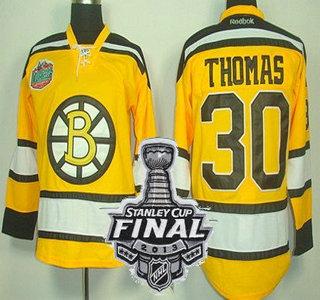 Cheap Boston Bruins 30 Tim Thomas Yellow NHL Jerseys With 2013 Stanley Cup Patch For Sale