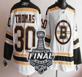 Cheap Boston Bruins 30 Tim Thomas White NHL Jerseys With 2013 Stanley Cup Patch For Sale