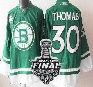 Boston Bruins 30 Tim Thomas Green NHL Jerseys With 2013 Stanley Cup Patch