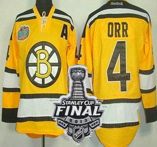 Cheap Boston Bruins 4 Bobby Orr Yellow NHL Jerseys With 2013 Stanley Cup Patch For Sale