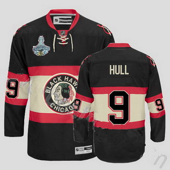Cheap Chicago Blackhawks 9 Bobby Hull Black New Third Jersey Champions cup Patch For Sale