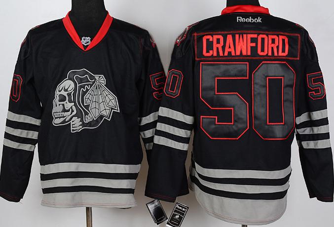 Cheap Chicago Blackhawks 50 Corey Crawford 2013 Black Ice NHL Jerseys Skull Logo Fashion For Sale