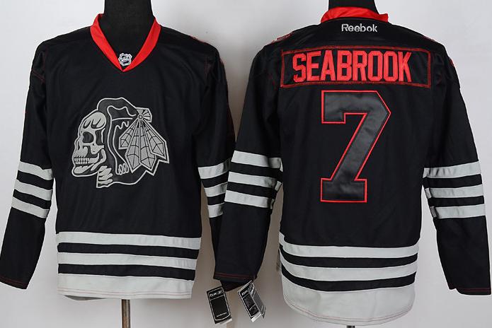 Cheap Chicago Blackhawks 7 BRENT SEABROOK 2013 Black Ice NHL Jerseys Skull Logo Fashion For Sale
