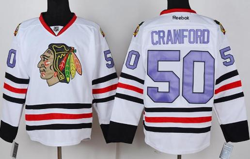 Cheap Chicago Blackhawks 50 Corey Crawford White NHL Jerseys Purple Number For Sale