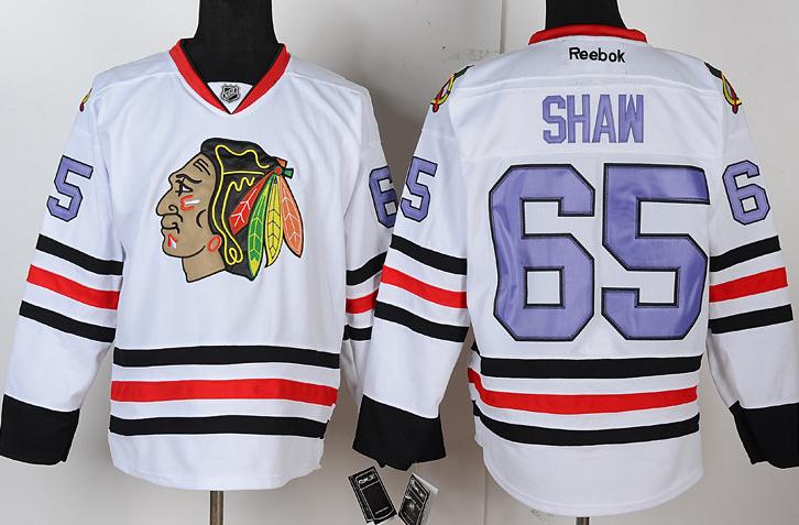 Cheap Chicago Blackhawks 65 Andrew Shaw White NHL Jerseys Purple Number For Sale