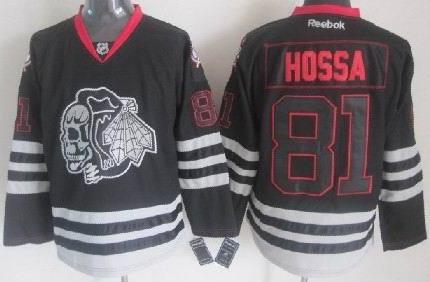 Cheap Chicago Blackhawks 81 Marian Hossa 2013 Black Ice NHL Jerseys Skull Logo Fashion For Sale