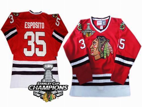 Cheap Chicago Blackhawks 35 Tony Esposito CCM Red 2013 Stanley Cup Champions Patch NHL Jerseys For Sale