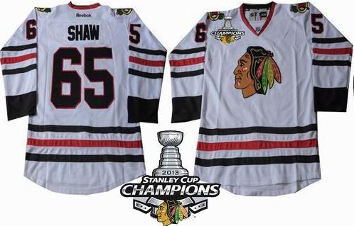 Cheap Chicago Blackhawks 65 Andrew Shaw White 2013 Stanley Cup Champions Patch NHL Jerseys For Sale
