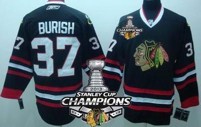Cheap Chicago Blackhawks 37 Adam Burish Black 2013 Stanley Cup Champions Patch NHL Jerseys For Sale