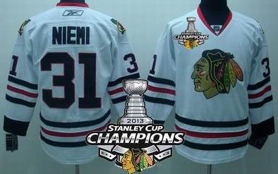 Cheap chicago blackhawks 31 Antti Niemi White 2013 Stanley Cup Champions Patch NHL Jerseys For Sale