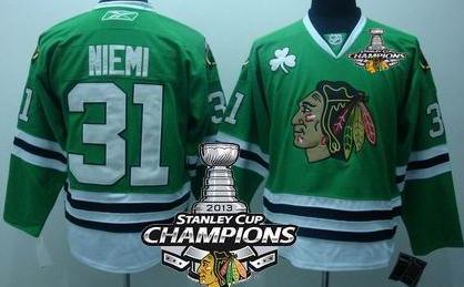 Cheap chicago blackhawks 31 Antti Niemi Green 2013 Stanley Cup Champions Patch NHL Jerseys For Sale