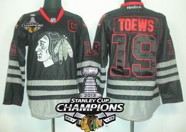 Cheap Chicago Blackhawks 19 Jonathan Toews Black ICE Fashion 2013 Stanley Cup Champions Patch NHL Jerseys For Sale