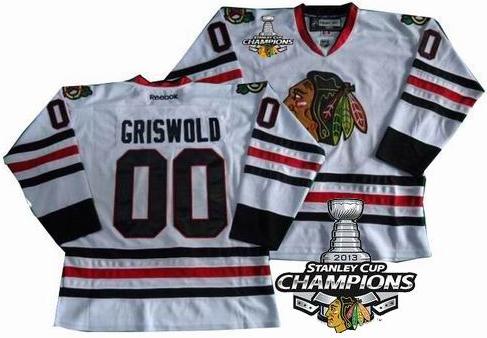 Cheap Chicago Blackhawks 00 Clark Griswold White 2013 Stanley Cup Champions Patch NHL Jerseys For Sale
