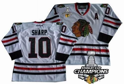 Cheap Chicago Blackhawks 10 Patrick Sharp White 2013 Stanley Cup Champions Patch NHL Jerseys For Sale
