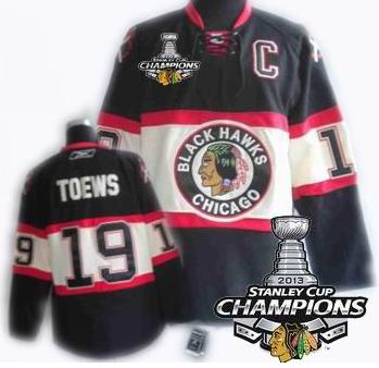 Cheap Chicago Blackhawks 19 TOEWS Black Third 2013 Stanley Cup Champions Patch NHL Jerseys For Sale