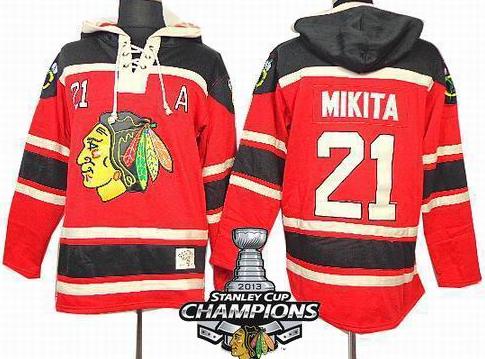 Cheap Chicago Blackhawks 21 Stan Mikita Red 2013 Stanley Cup Champions Patch NHL Jerseys Hoody For Sale