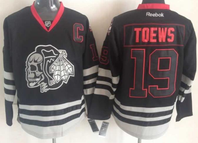 Cheap Chicago Blackhawks 19 Jonathan Toews 2013 Black Ice NHL Jerseys Skull Logo Fashion For Sale