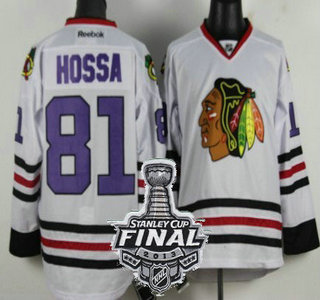 Cheap Chicago Blackhawks 81 Marian Hossa White With Purple NHL Jerseys With 2013 Stanley Cup Patch For Sale