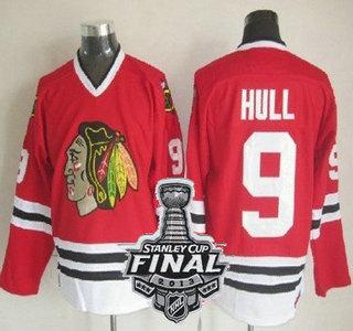 Cheap Chicago Blackhawks 9 Bobby Hull Red Throwback CCM NHL Jerseys With 2013 Stanley Cup Patch For Sale