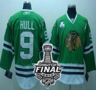 Cheap Chicago Blackhawks 9 Bobby Hull Green NHL Jerseys With 2013 Stanley Cup Patch For Sale