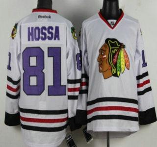 Cheap Chicago Blackhawks 81 Marian Hossa White NHL Jerseys Purple Number For Sale