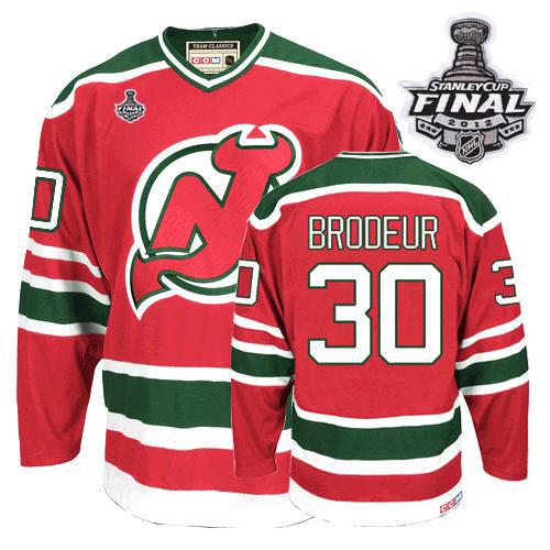 Cheap New Jersey Devils #30 Martin Brodeur Red and Green With 2012 Stanley Cup Finals Throwback CCM NHL Jerseys For Sale