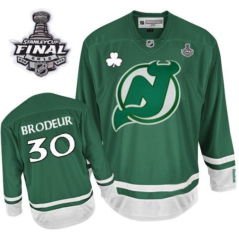 Cheap New Jersey Devils #30 Martin Brodeur Green St Patty's Day With 2012 Stanley Cup Finals Patch NHL Jerseys For Sale