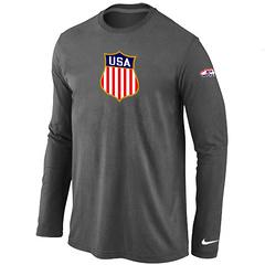 Cheap Nike USA Team 2014 Winter Olympics Hockey KO Collection Locker Room Long Sleeve T-Shirt Dark Grey For Sale