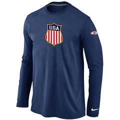 Cheap Nike USA Team 2014 Winter Olympics Hockey KO Collection Locker Room Long Sleeve T-Shirt Dark Blue For Sale