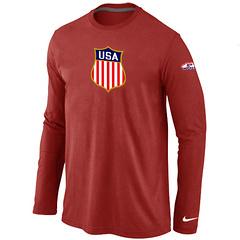 Cheap Nike USA Team 2014 Winter Olympics Hockey KO Collection Locker Room Long Sleeve T-Shirt Red For Sale