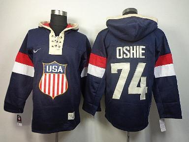 Cheap 2014 Winter Olympics USA Team 74 T.J. Oshie Blue Lace-Up Hockey Jersey Hoodies For Sale