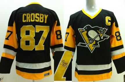 Cheap Pittsburgh Penguins 87 Sidney Crosby Black Yellow CCM Signed NHL Hockey Jerseys For Sale