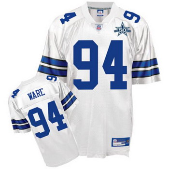 Cheap Dallas Cowboys 94 DeMarcus Ware White Jerseys With 50TH Patch For Sale