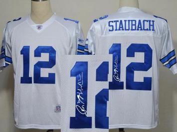 Cheap Dallas Cowboys 12 Roger Staubach White Throwback M&N Signed NFL Jerseys For Sale