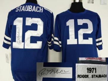 Cheap Dallas Cowboys 12 R Staubach Blue Throwback M&N Signed NFL Jerseys For Sale