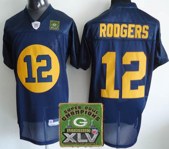 Cheap Green Bay Packers 12 Aaron Rodgers Dark Blue 2011 SuperBowl Champions Patch Jerseys For Sale