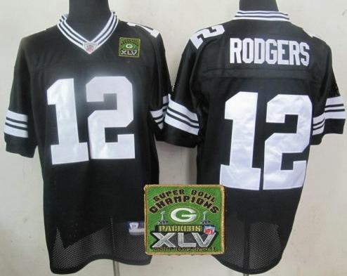 Cheap Green Bay Packers 12 Aaron Rodgers Black 2011 SuperBowl Champions Patch Jerseys For Sale