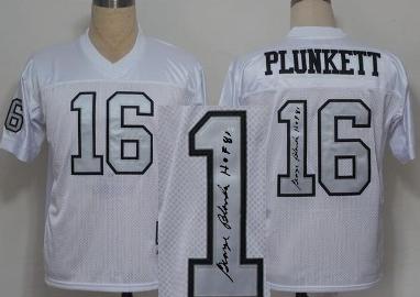 Cheap Oakland Raiders 16 Jim Plunkett White Silver Number Throwback M&N Signed NFL Jerseys For Sale