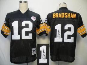 Cheap Pittsburgh Steelers 12 Bradshaw Black Throwback M&N Signed NFL Jerseys For Sale