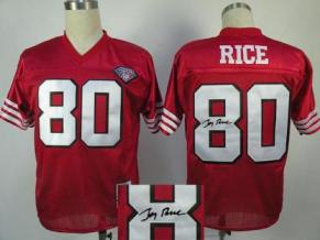 Cheap San Francisco 49ers 80 Jerry Rice Red 75TH Patch Throwback M&N Signed NFL Jerseys For Sale