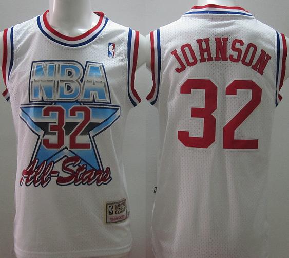 Los Angeles Lakers 32 Magic Johnson All Star White M&N NBA Jerseys Cheap