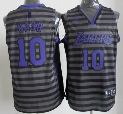 Los Angeles Lakers 10 Steve Nash Grey Whith Black Strip Revolution 30 Swingman NBA Jerseys Cheap