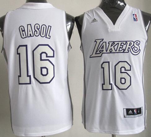 Los Angeles Lakers 16 Pau Gasol White Revolution 30 Swingman Jerseys Silver Number Christmas Style Cheap