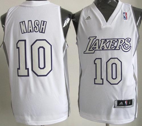 Los Angeles Lakers 10 Nash White Revolution 30 Swingman NBA Jersey Silver Number Christmas Style Cheap