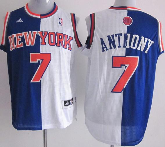 New York Knicks 7 Carmelo Anthony White Blue Split Swingman NBA Jerseys Cheap